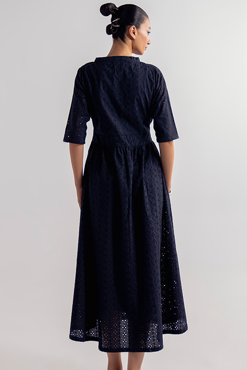 V-NECK EYELET DRESS