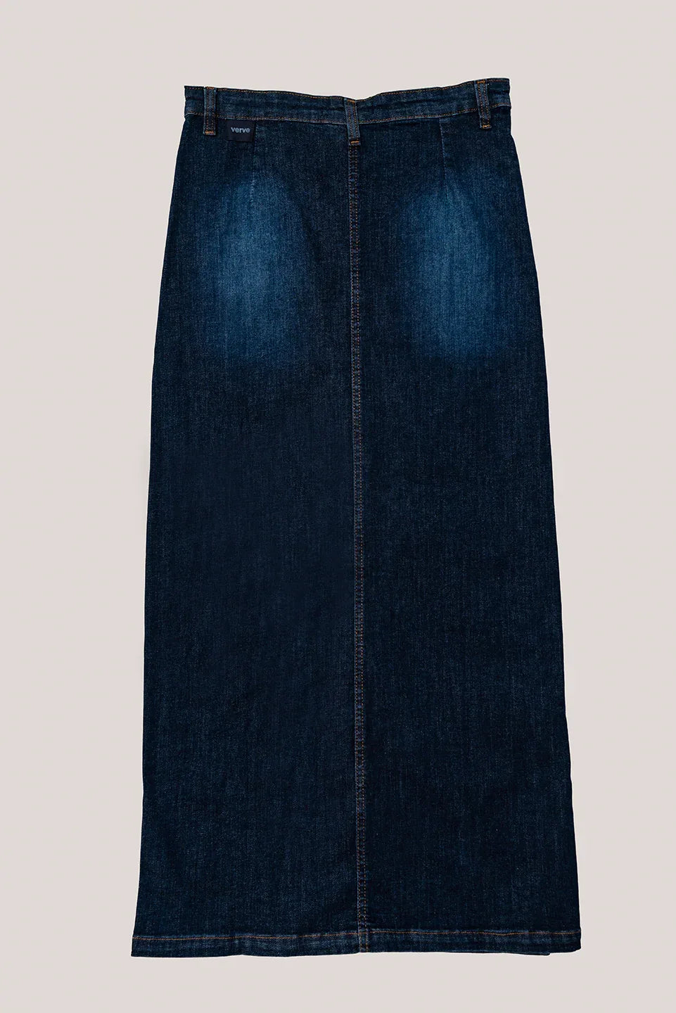 Back view of blue denim skirt, midi length - straight fit | casual women’s skirt