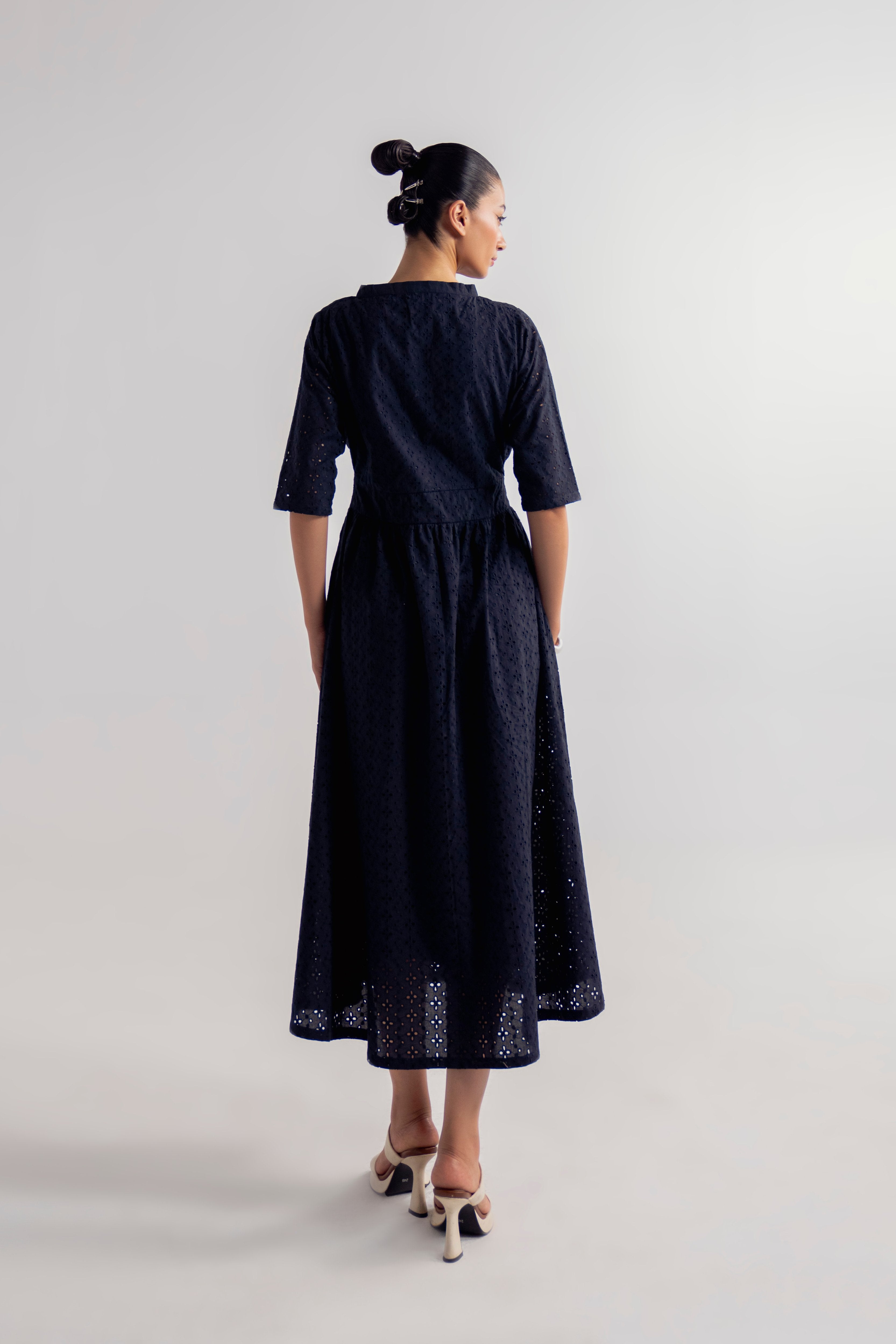 V-NECK EYELET DRESS