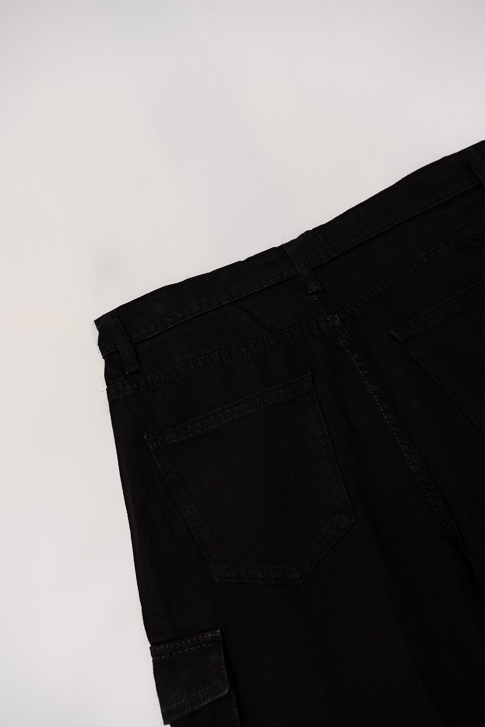 Unisex black wash cargo pants back fit view Pakistan
