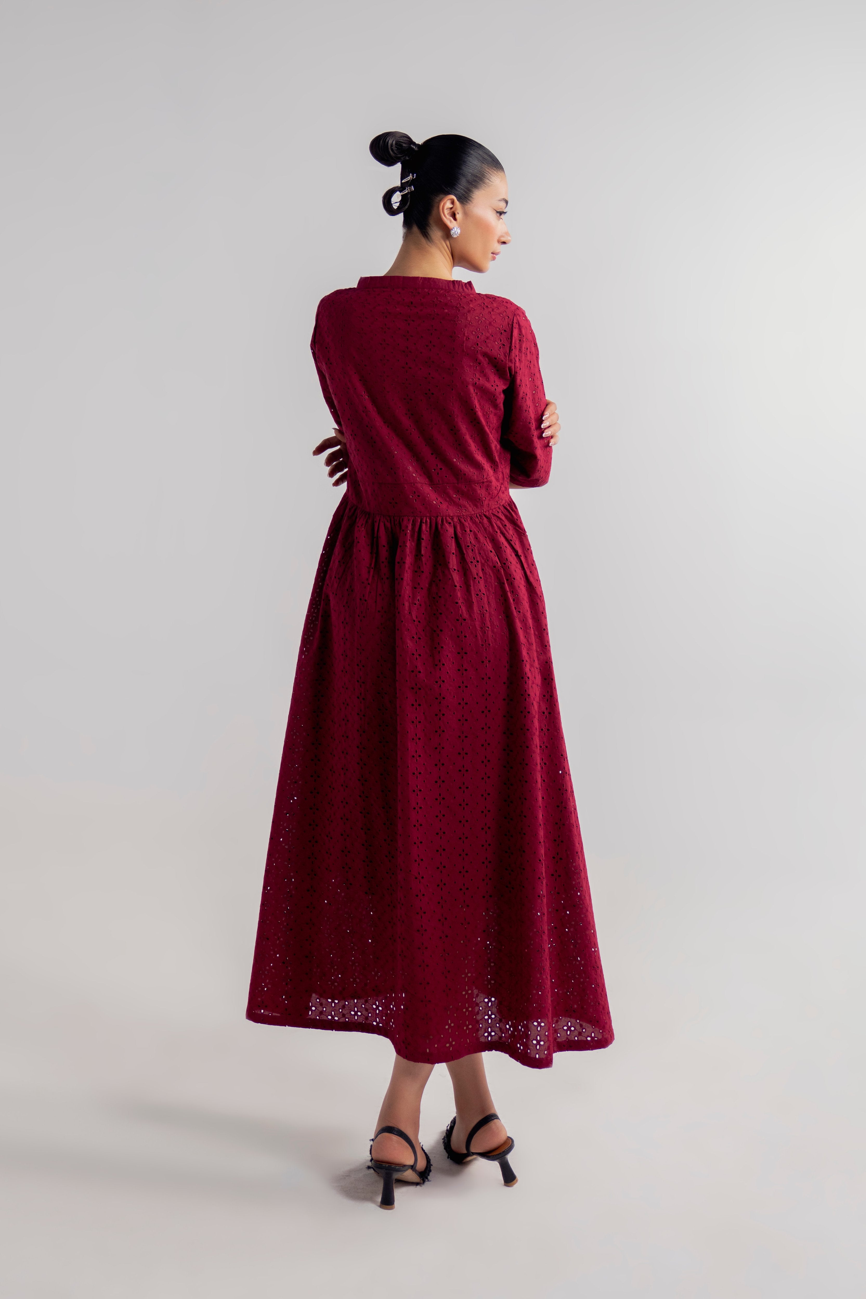 V-NECK EYELET DRESS