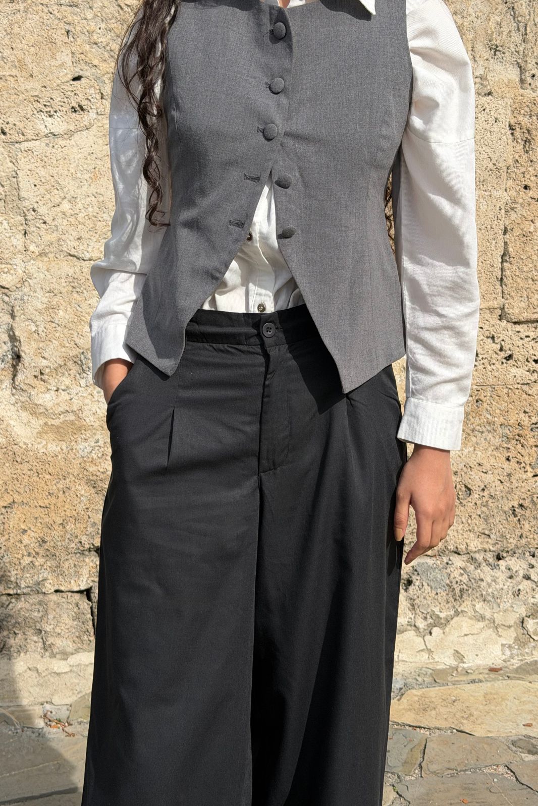 WOMEN DARTED WIDE LEG PANTS