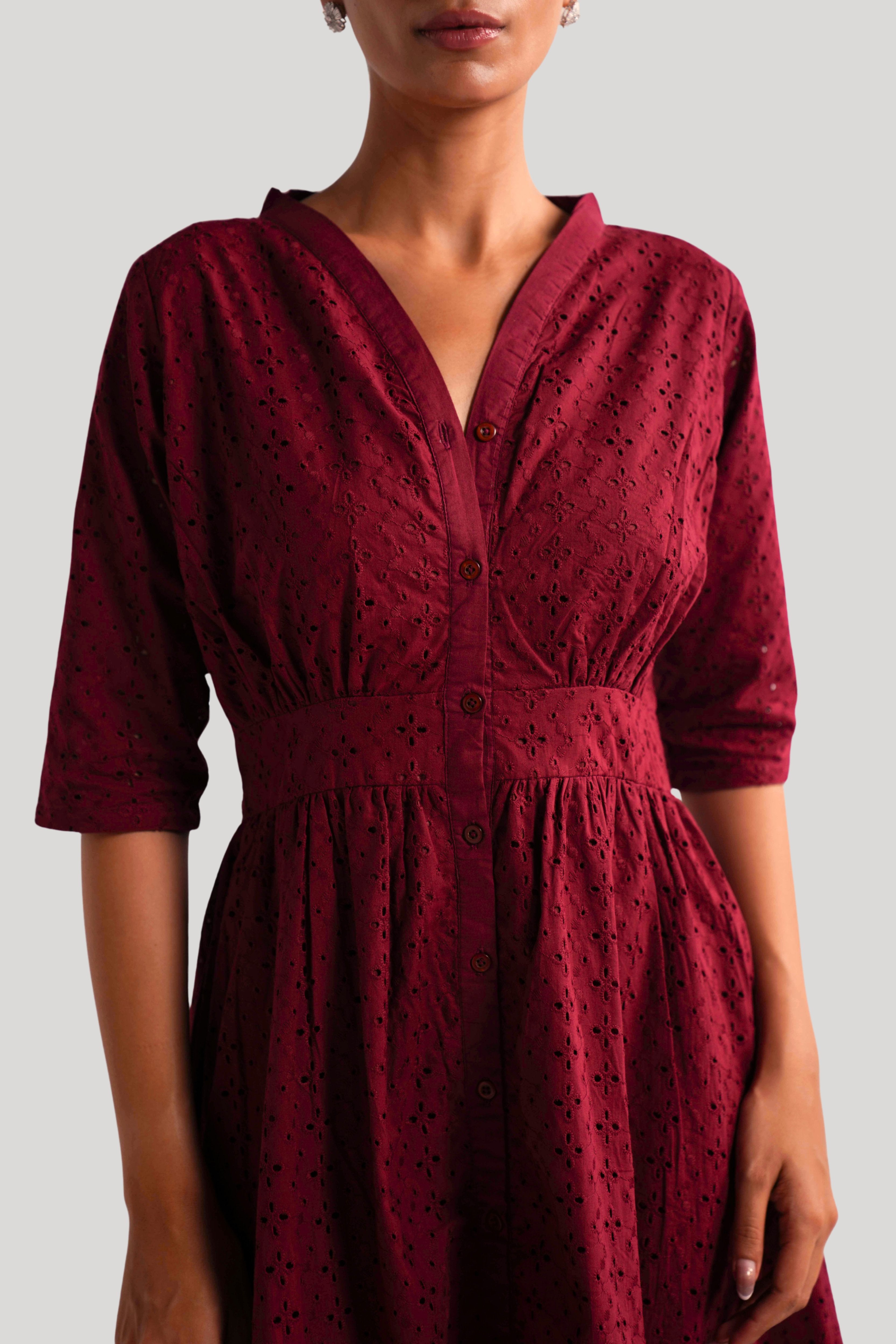 V-NECK EYELET DRESS
