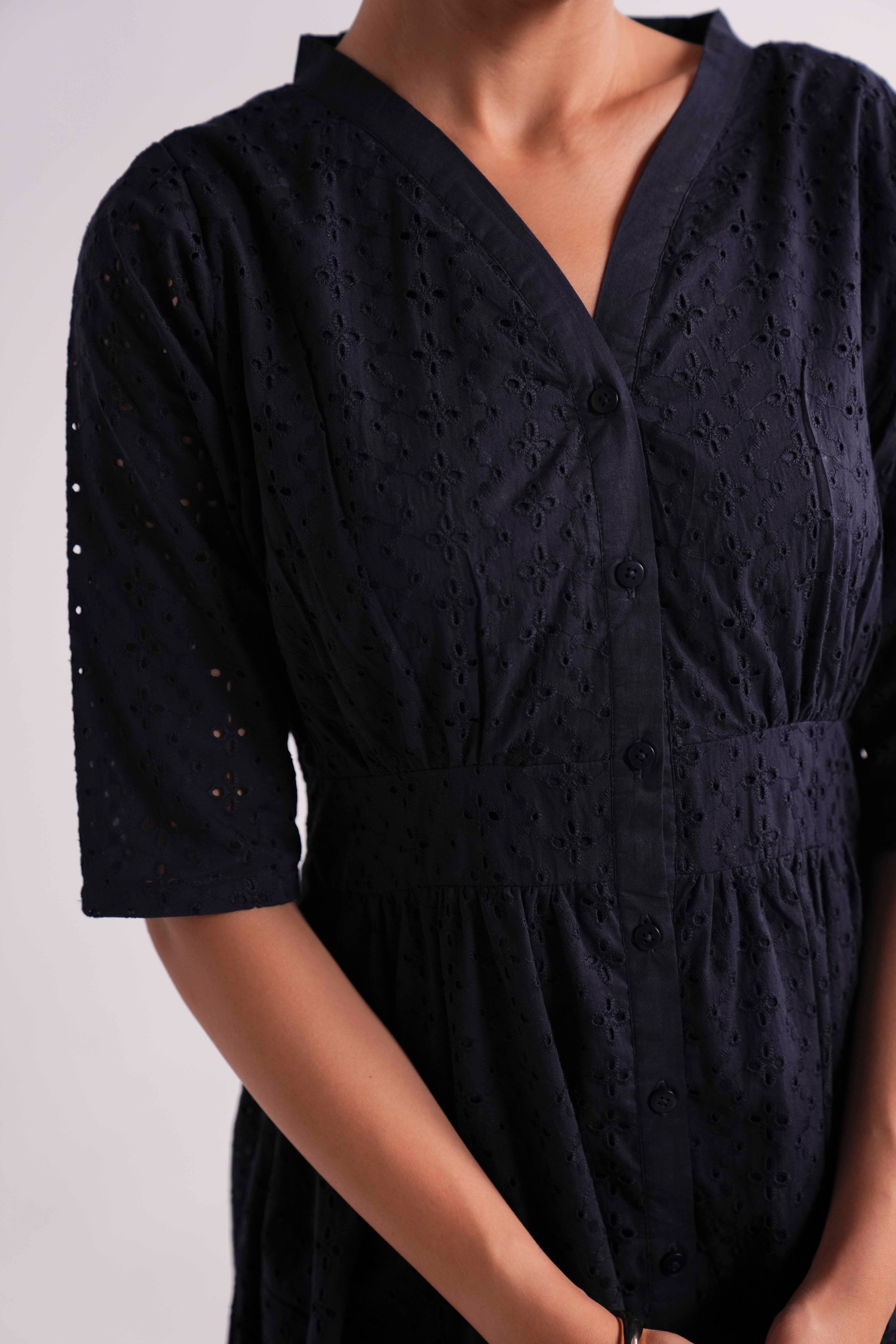 V-NECK EYELET DRESS