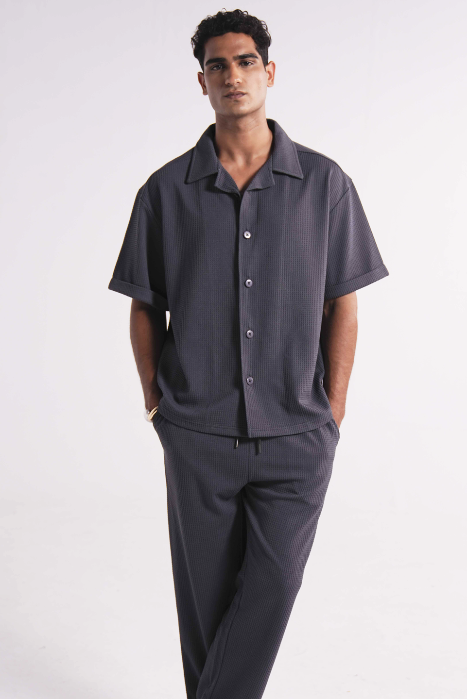 Gray Waffle knit short sleeve button-up cotton shirt for men