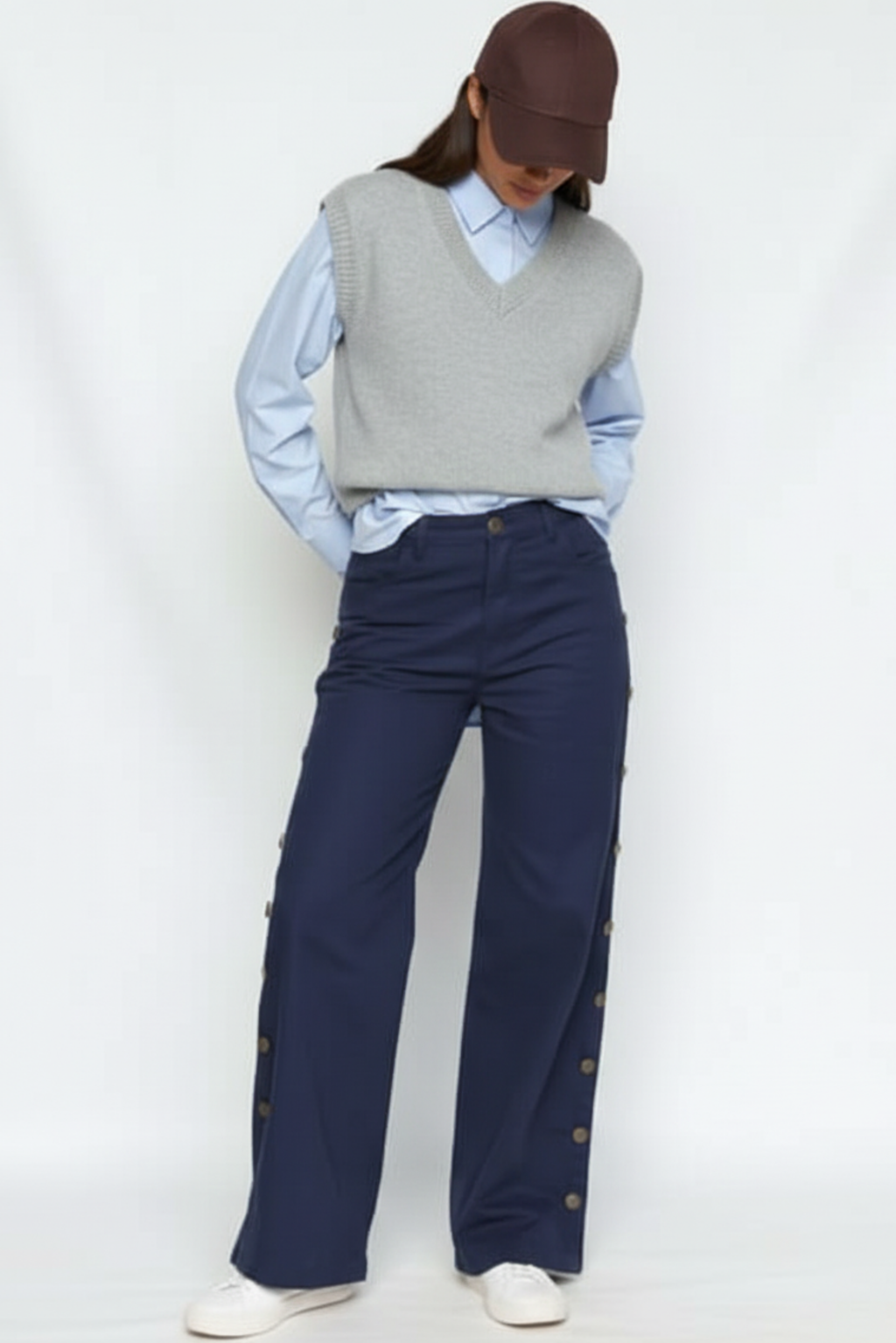 Women snap button side wide leg pants front view Pakistan