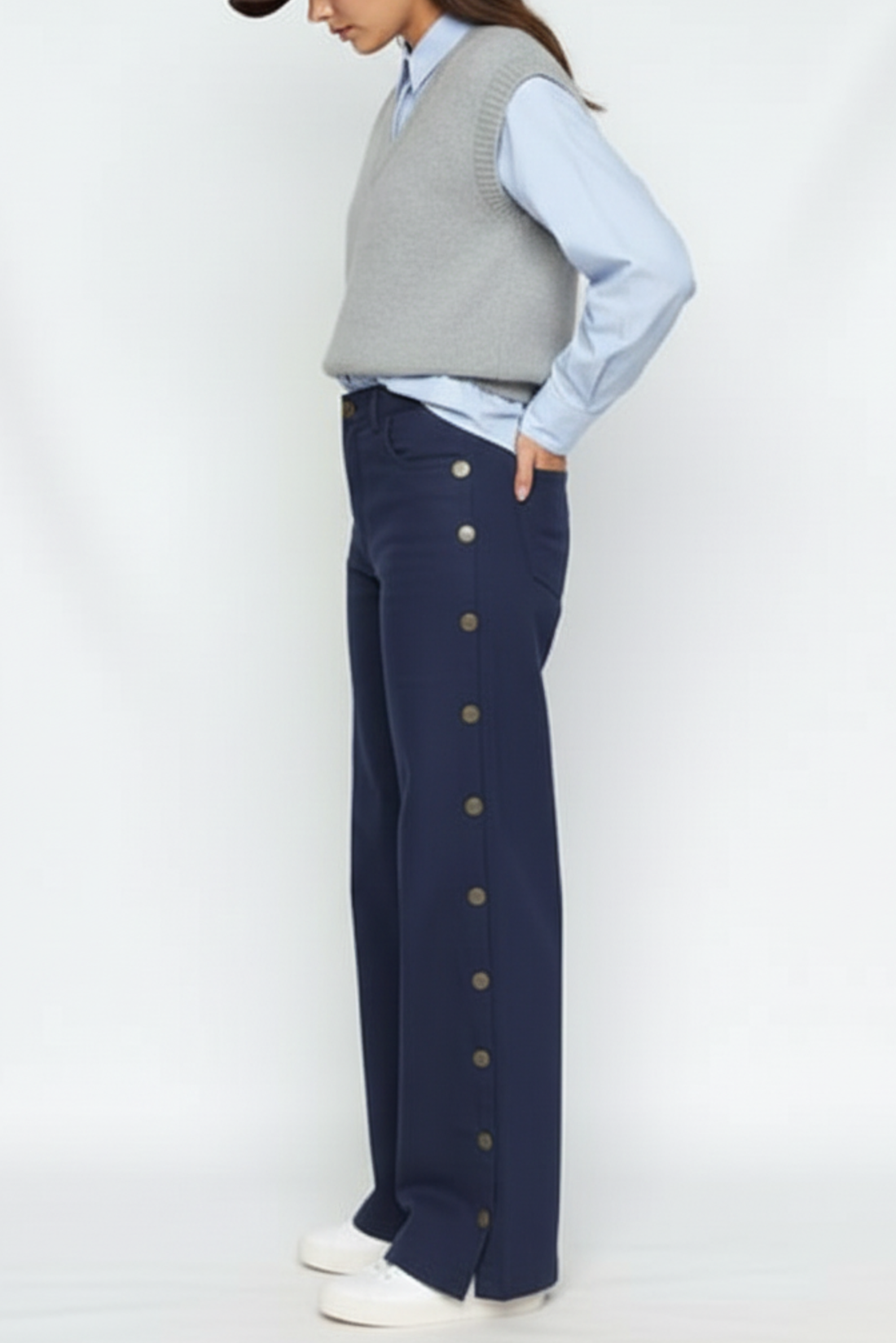 Women wide leg pants snap button Pakistan side detail