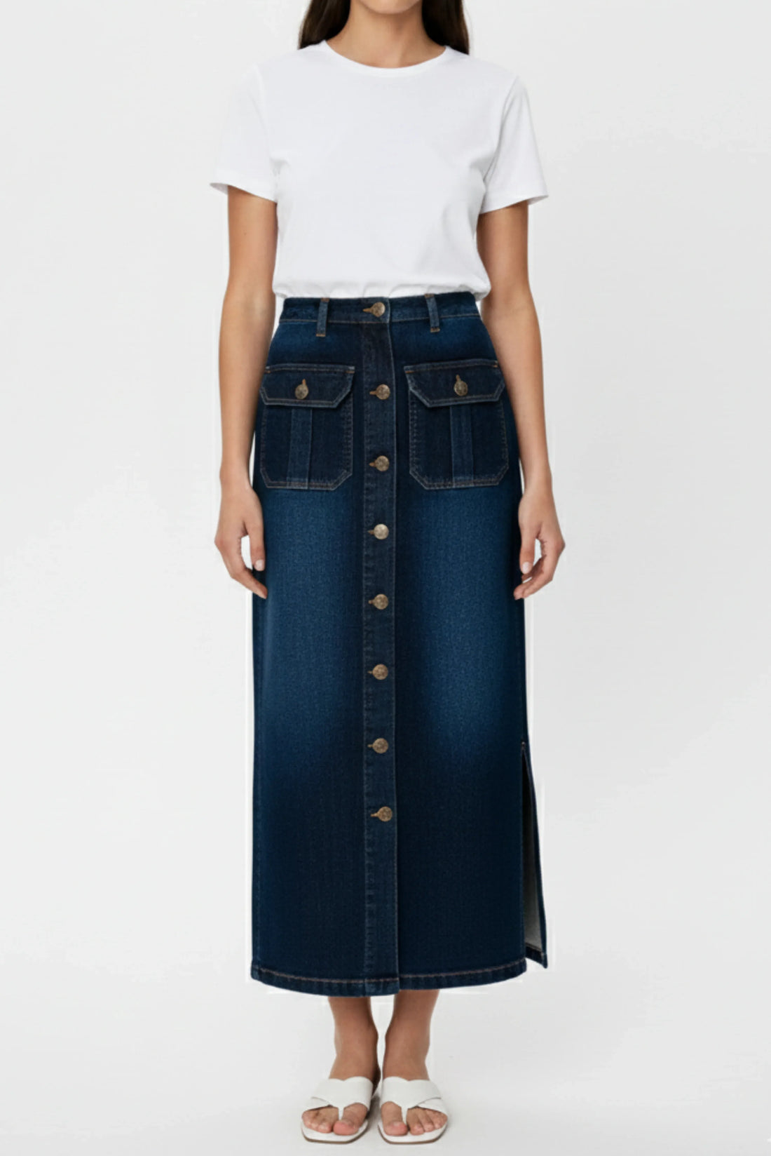 Blue button-down denim skirt, high-waist, front view, casual women’s fashion | verve