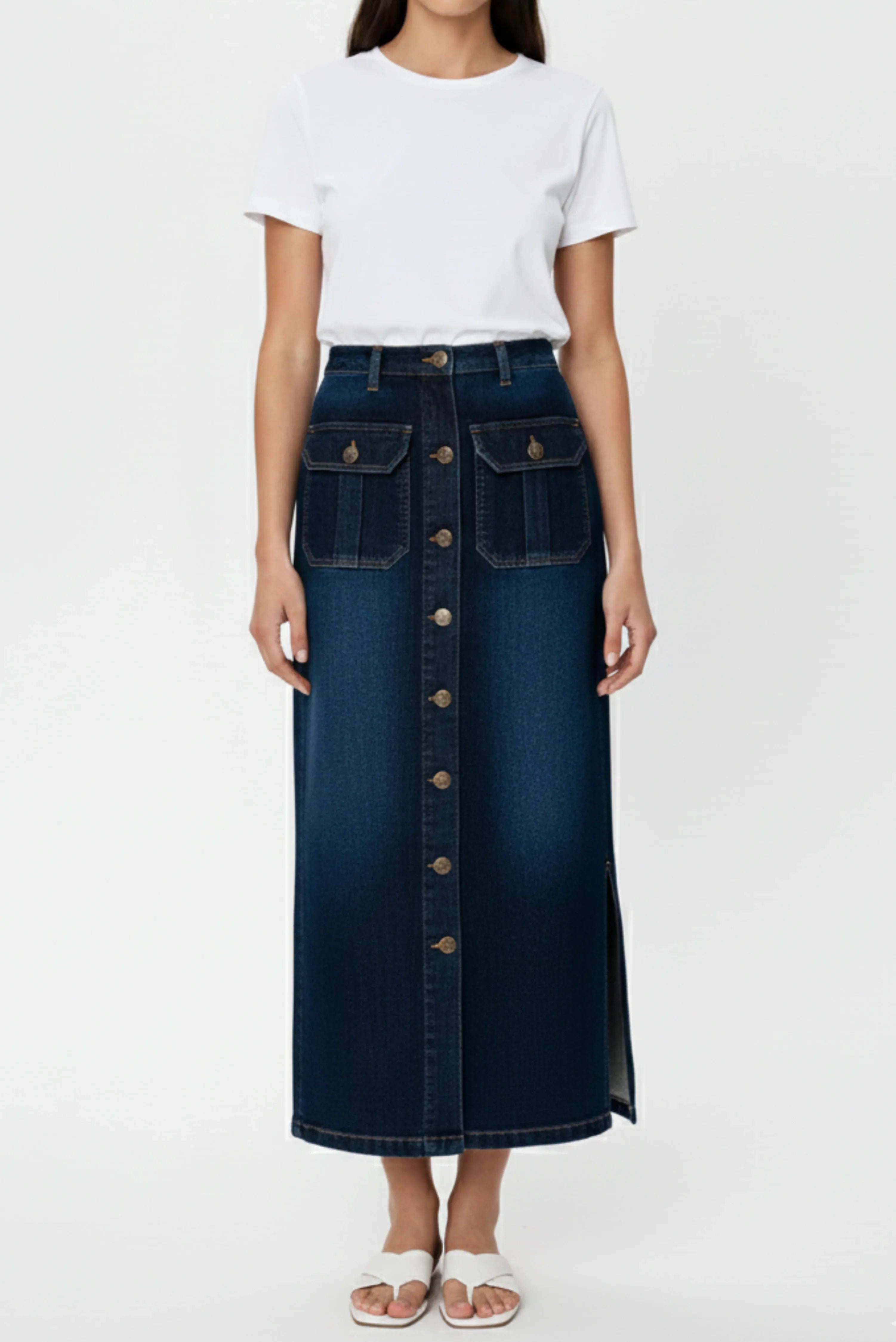 Blue button-down denim skirt, high-waist, front view, casual women’s fashion | verve