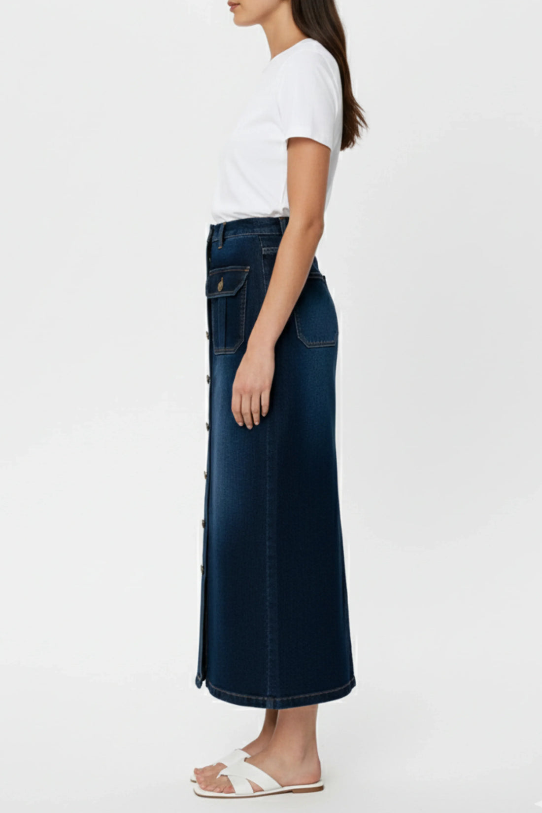 Blue button-down denim skirt, high-waist, front view, casual women’s fashion | verve