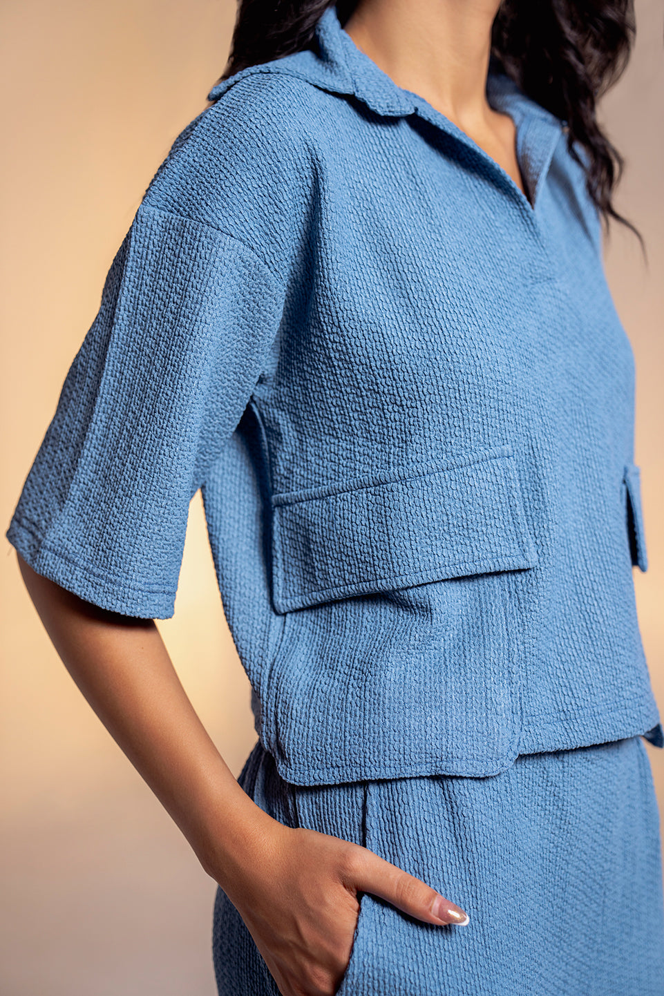 blue textured cropped womens utility shirt in pakistan