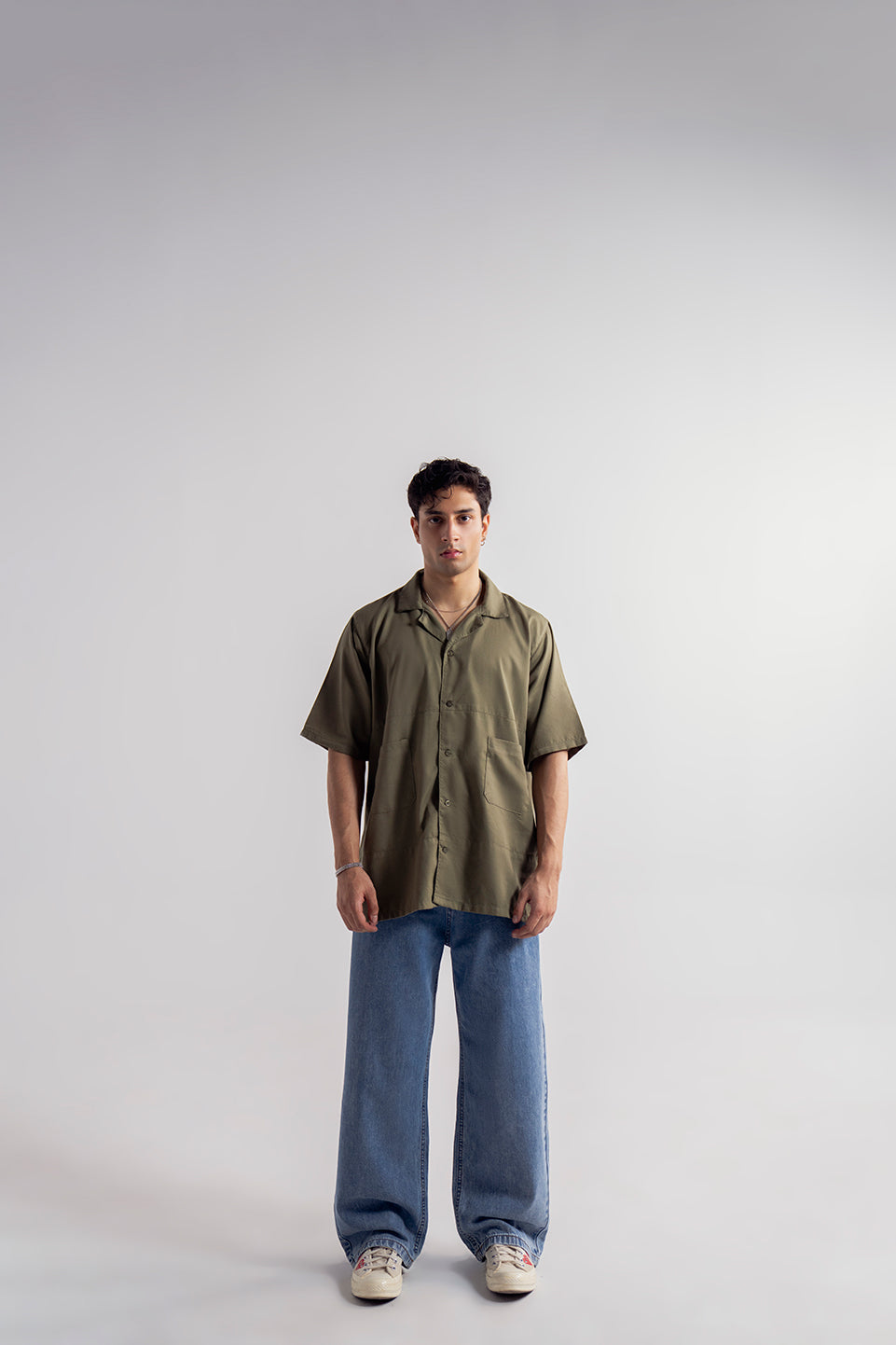 Olive green half sleeve casual overshirt for men 