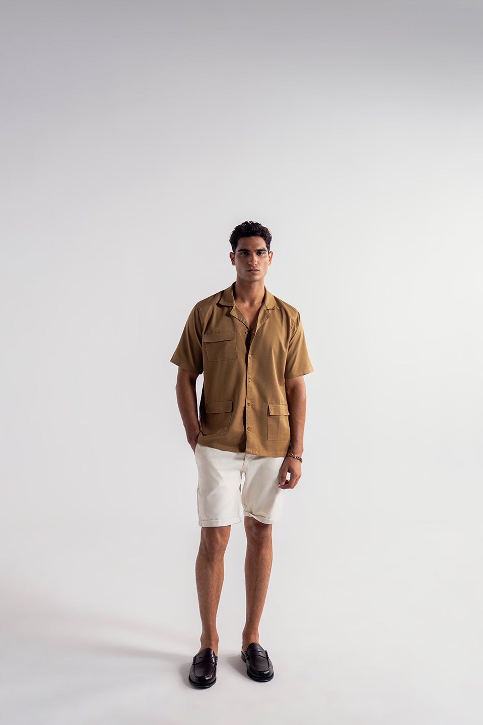 Brown Casual Mens utility overshirt in cotton with short sleeves.