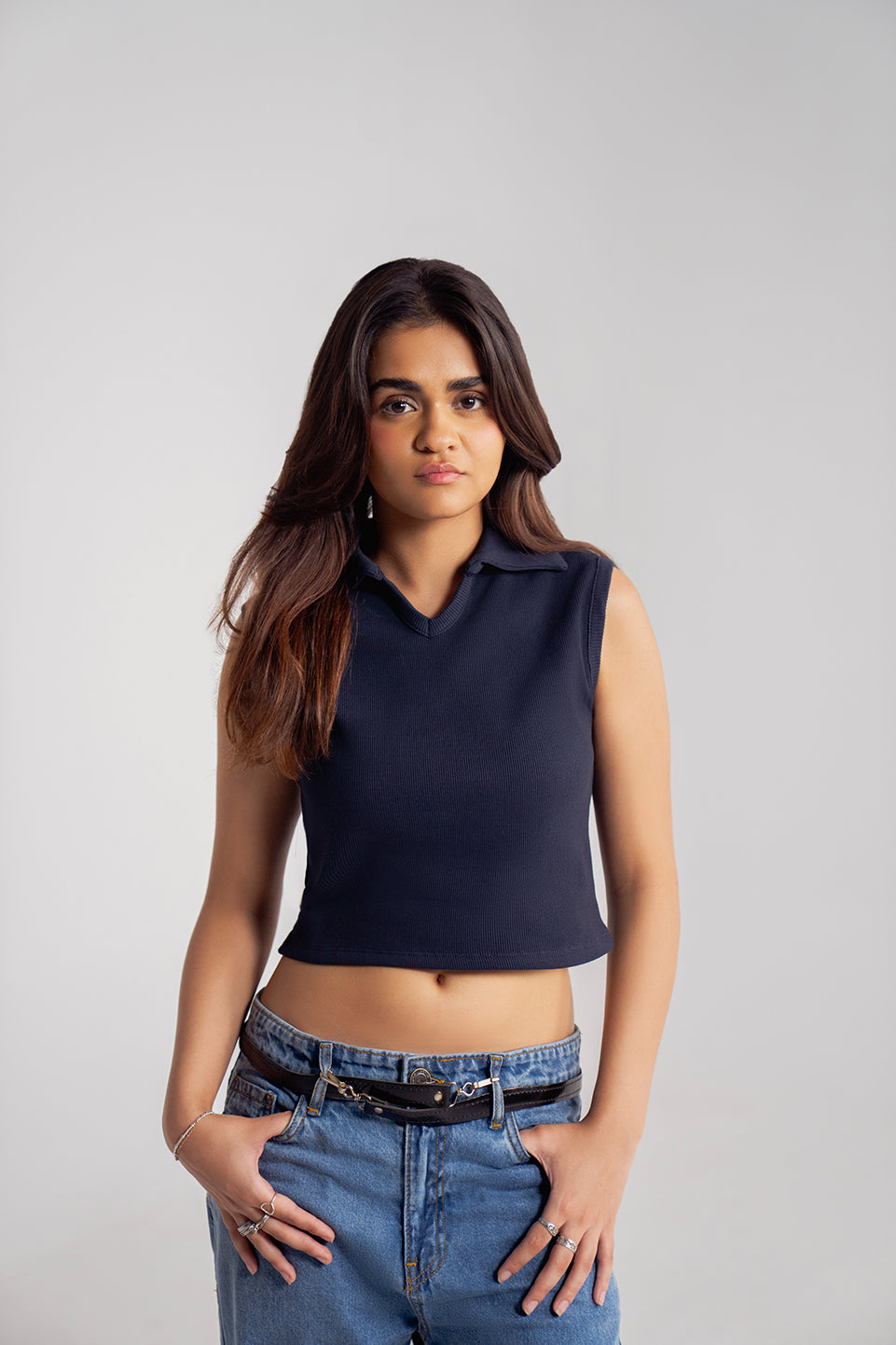 polo collar design on navy sleeveless crop top