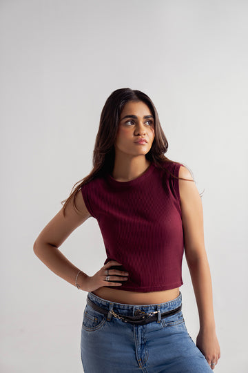 red ribbed slim-fit tank top for women