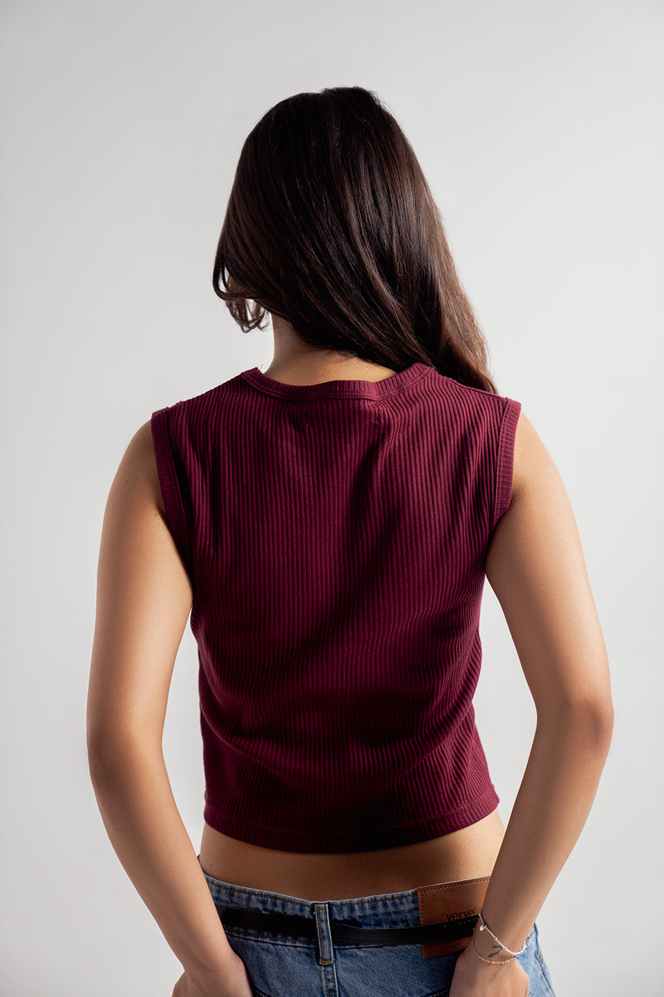 red ribbed slim-fit tank top for women