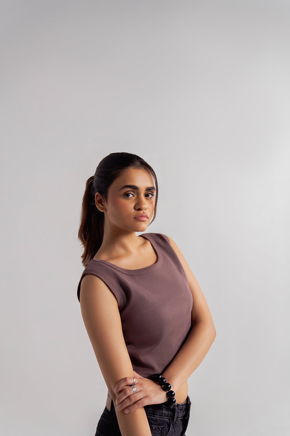 taupe scoop neck crop tank for women