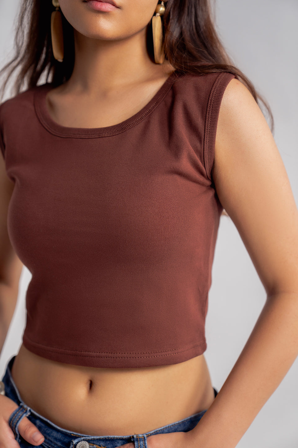brown scoop neck crop tank for women
