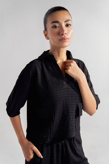 textured fabric on black cropped womens utility shirt