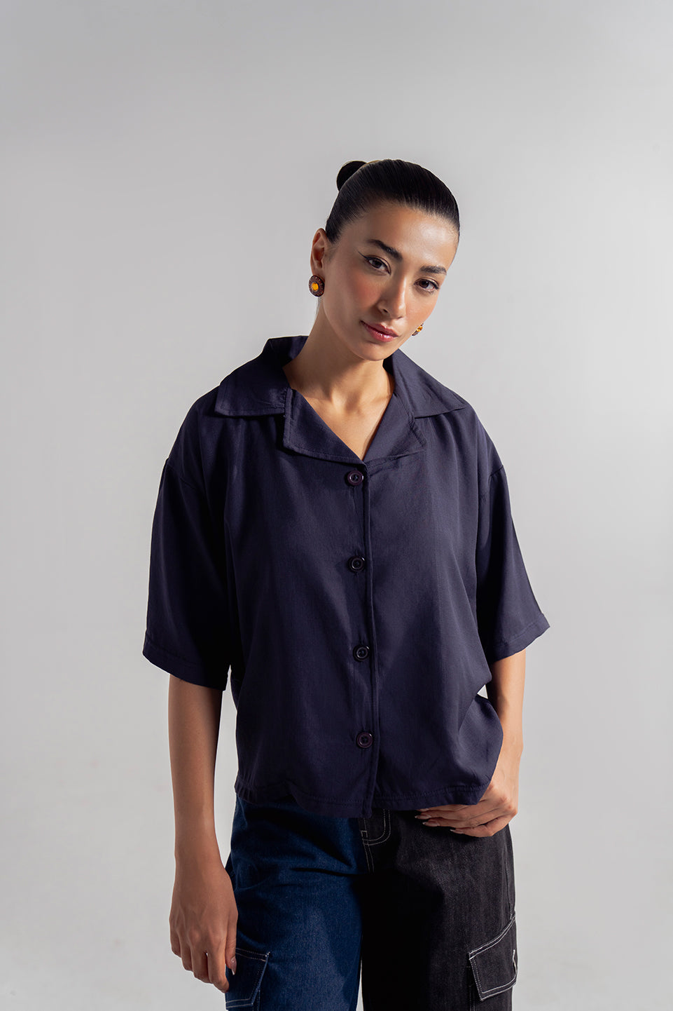 relaxed fit and comfort design on navy resort shirt