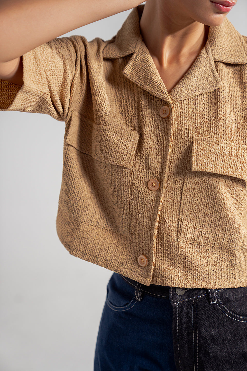camel relaxed fit cropped shirt for women