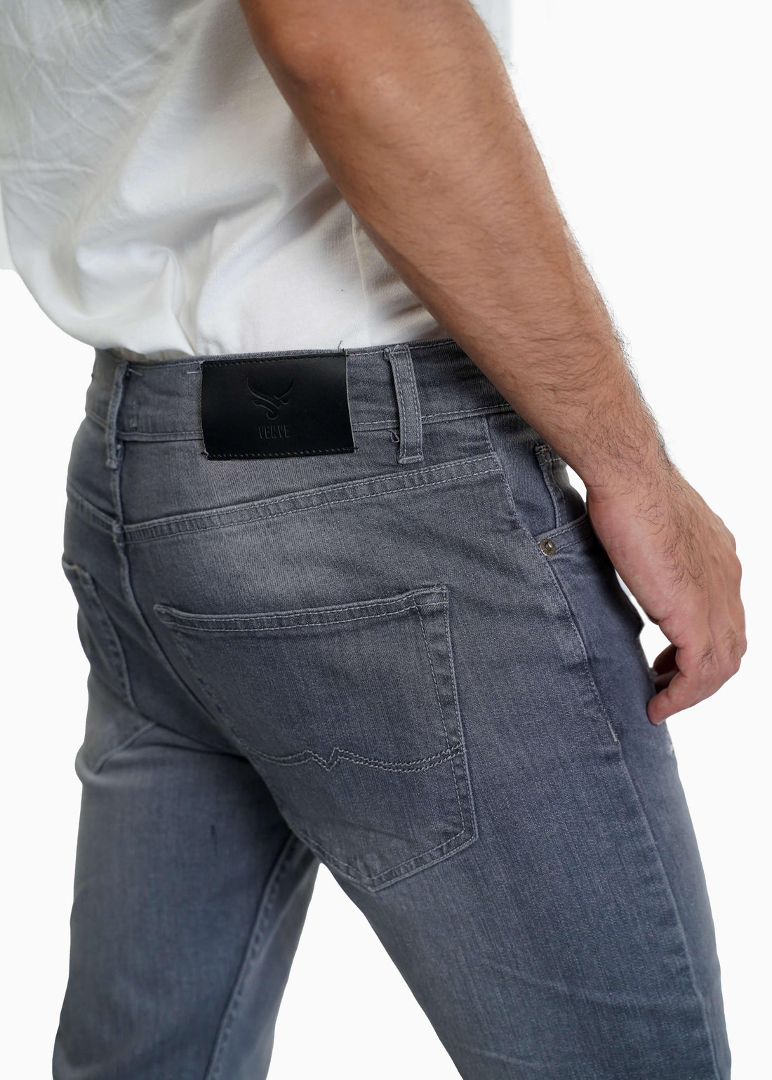 Men slim fit grey denim jeans back view showing modern fit design