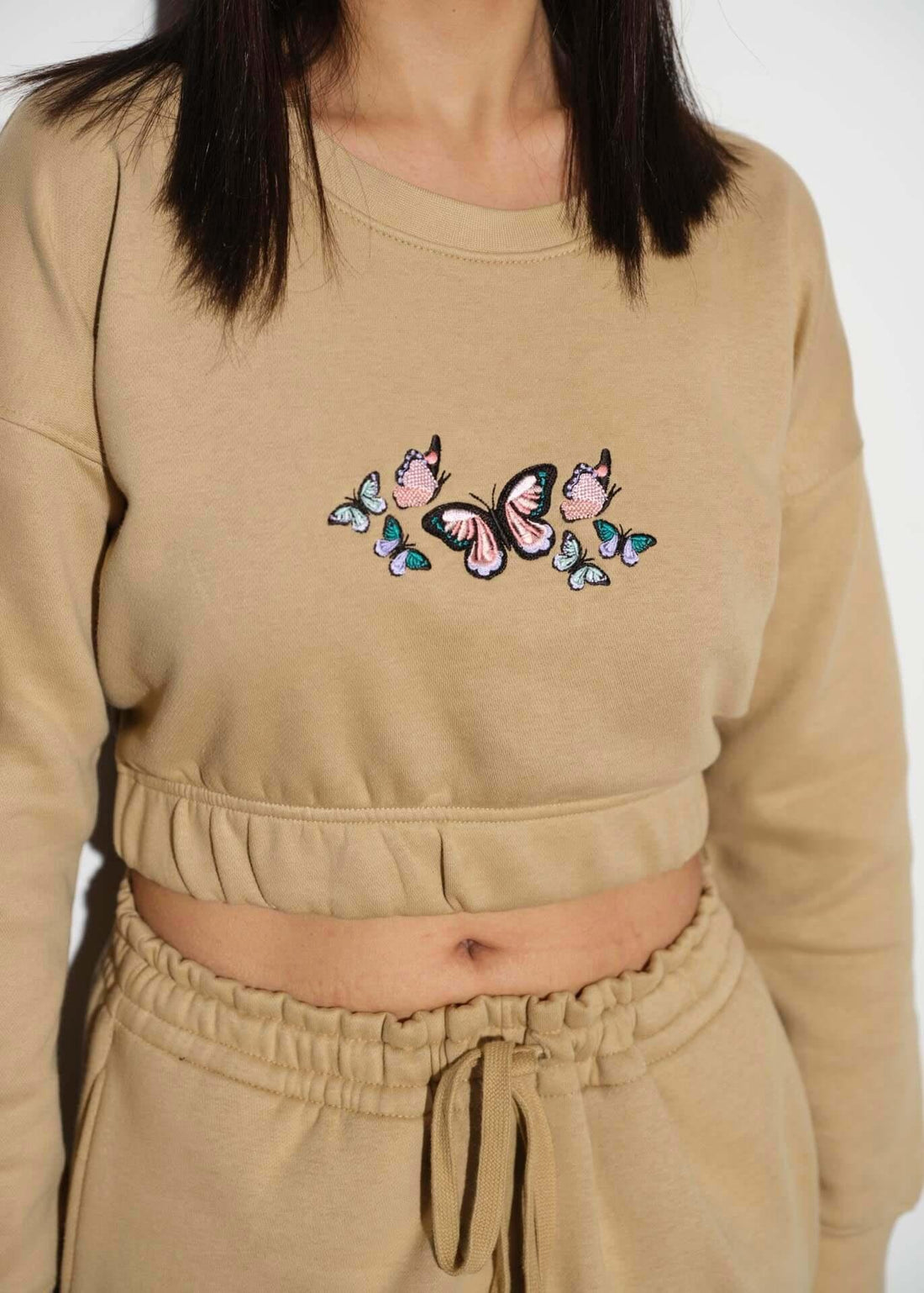 khaki crop sweatshirt for women close view