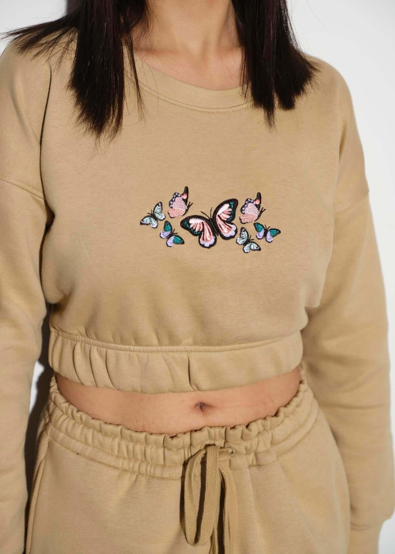 khaki crop sweatshirt for women close view