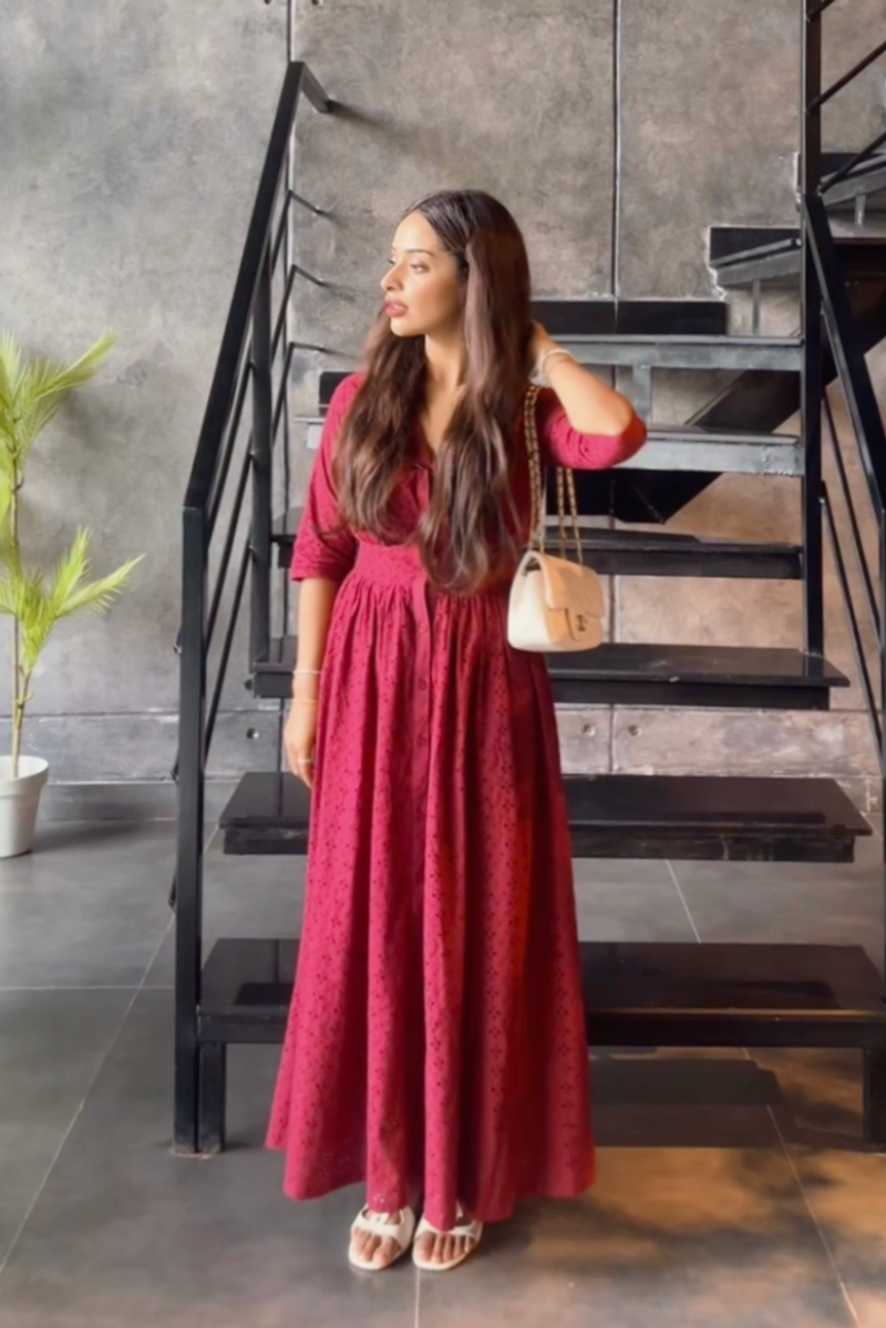 V-NECK EYELET DRESS