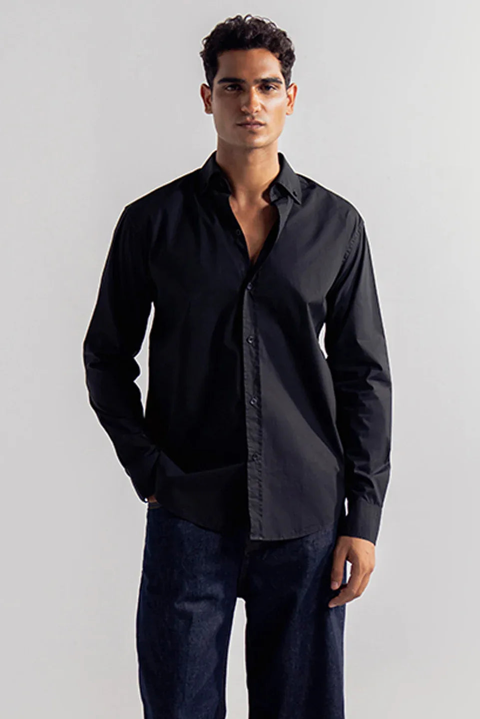 Black cotton button down shirt for men