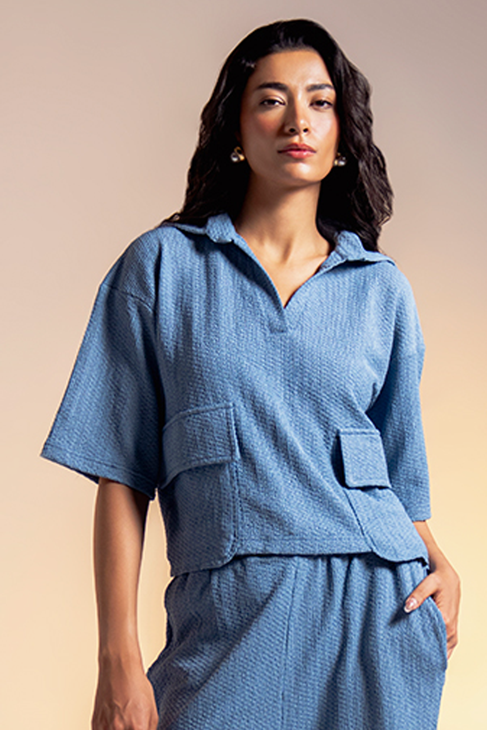 blue textured cropped womens utility shirt in pakistan