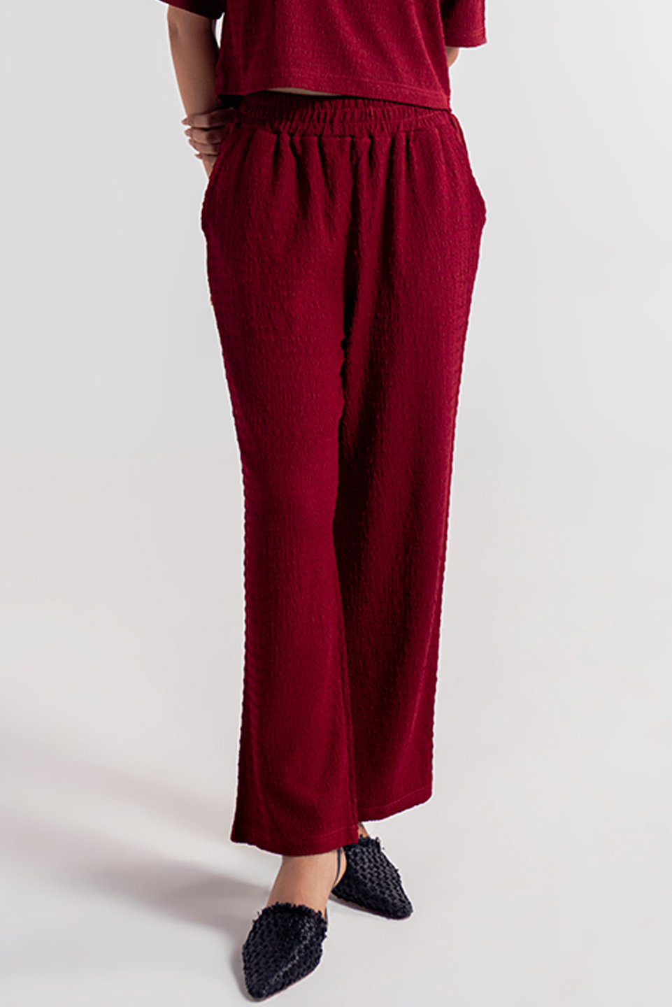 red textured wide leg pants for women in Pakistan