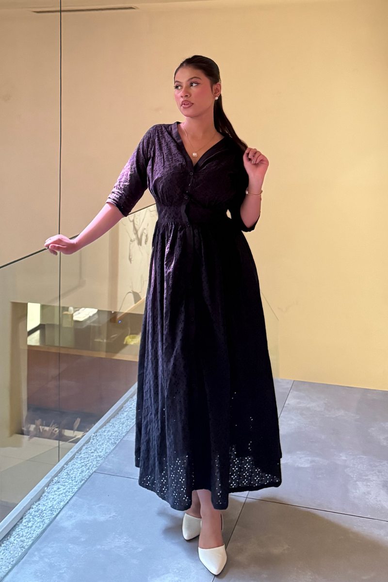 V-NECK EYELET DRESS