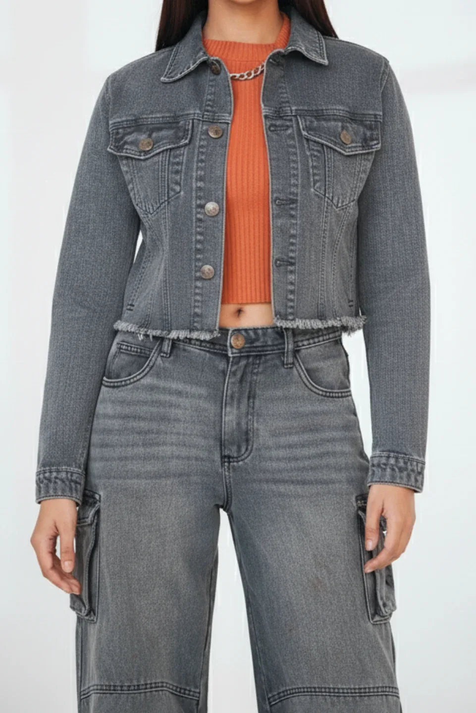 cropped grey denim jacket women