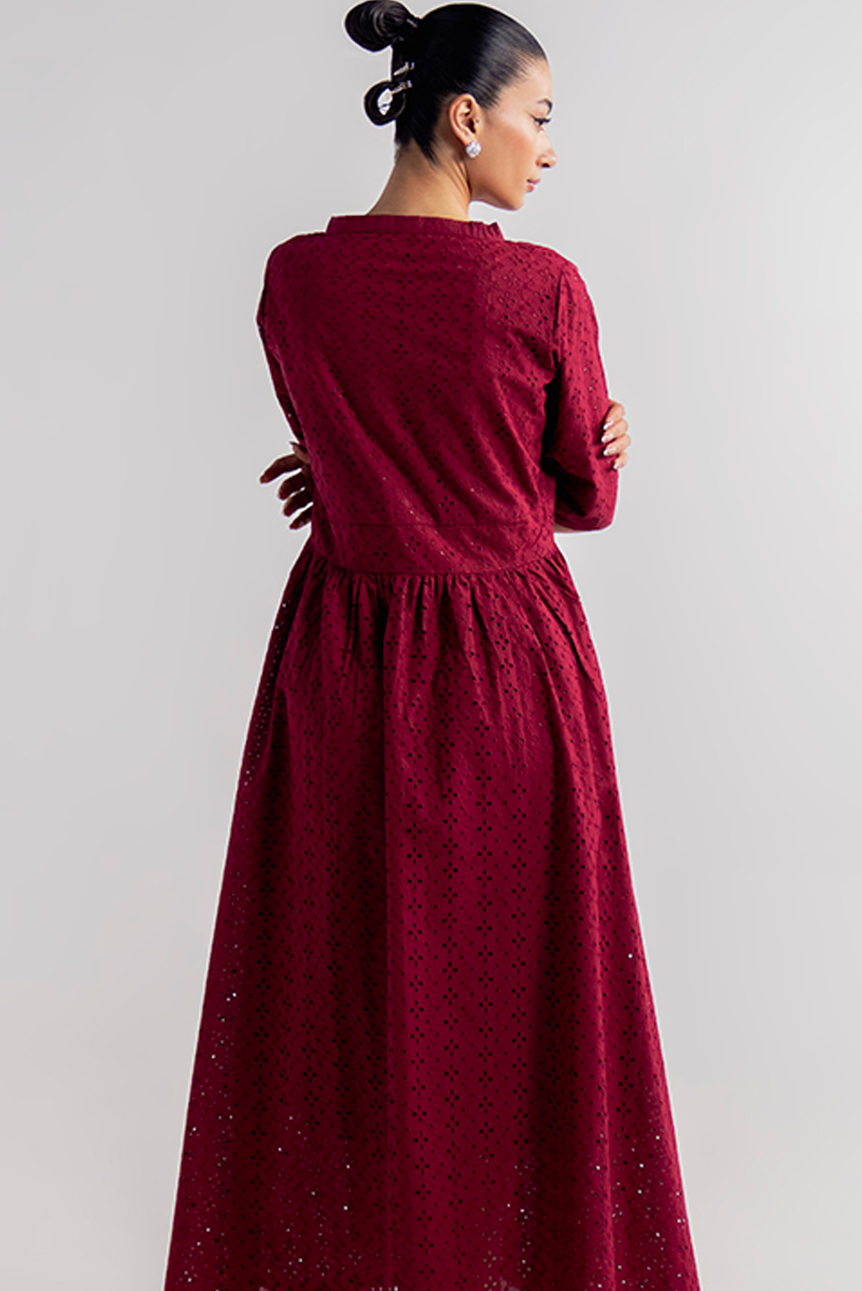 V-NECK EYELET DRESS