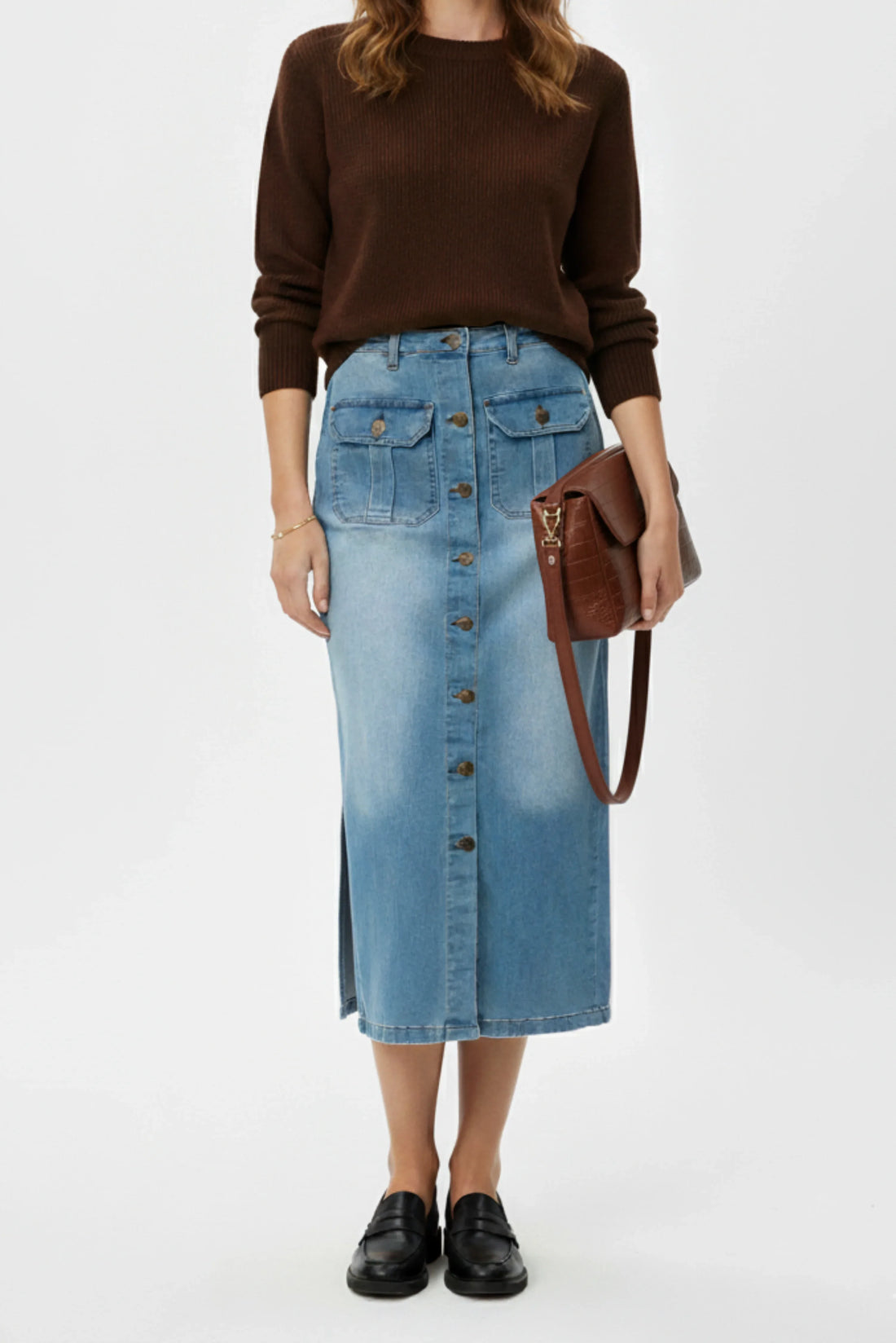 Button Down Denim Skirt in Light Wash