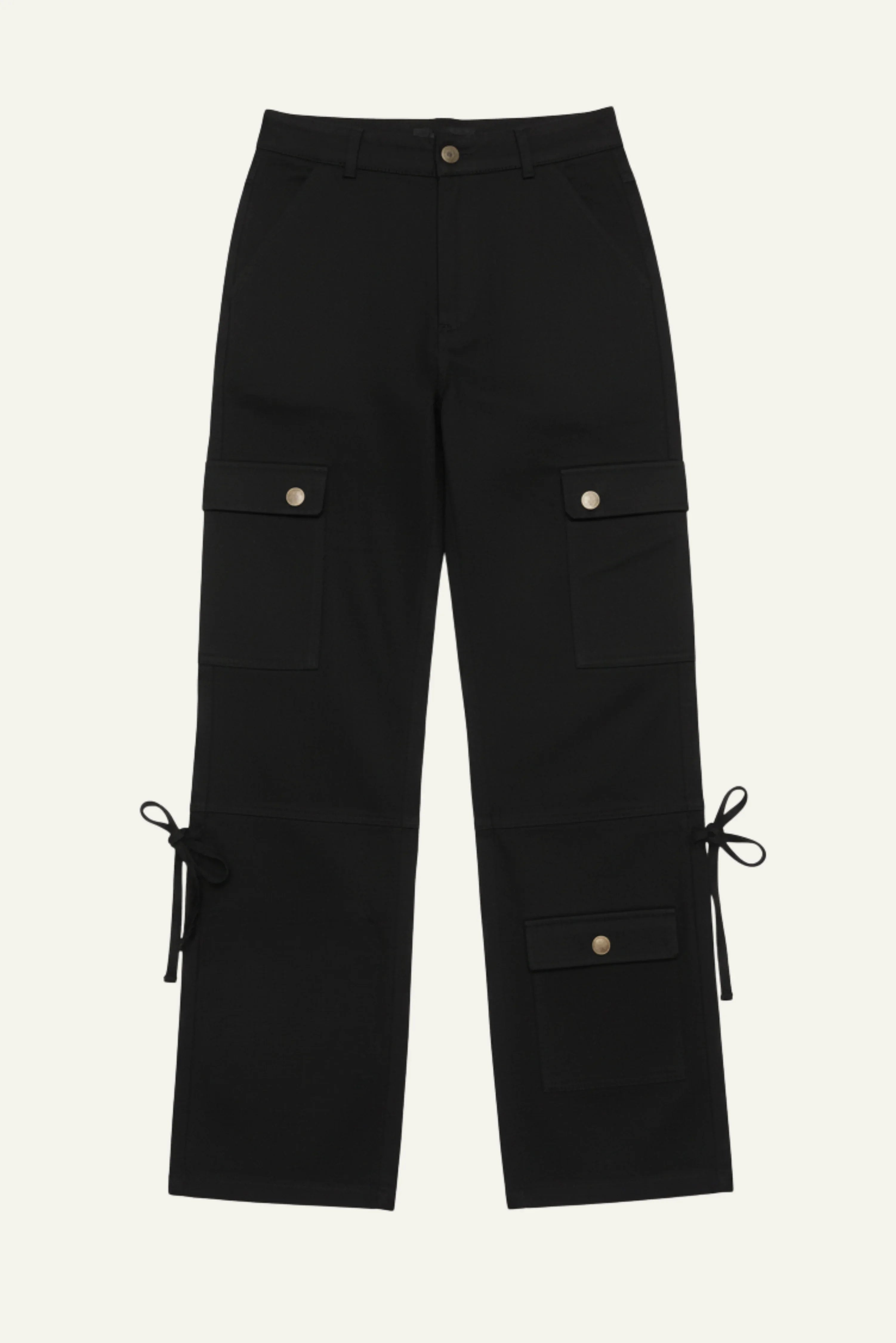 Flat lay of black women's cargo pants with buttoned pockets and adjustable drawcord hems, made from premium denim