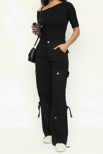 Black Drawcord Denim Cargo Pant for Women