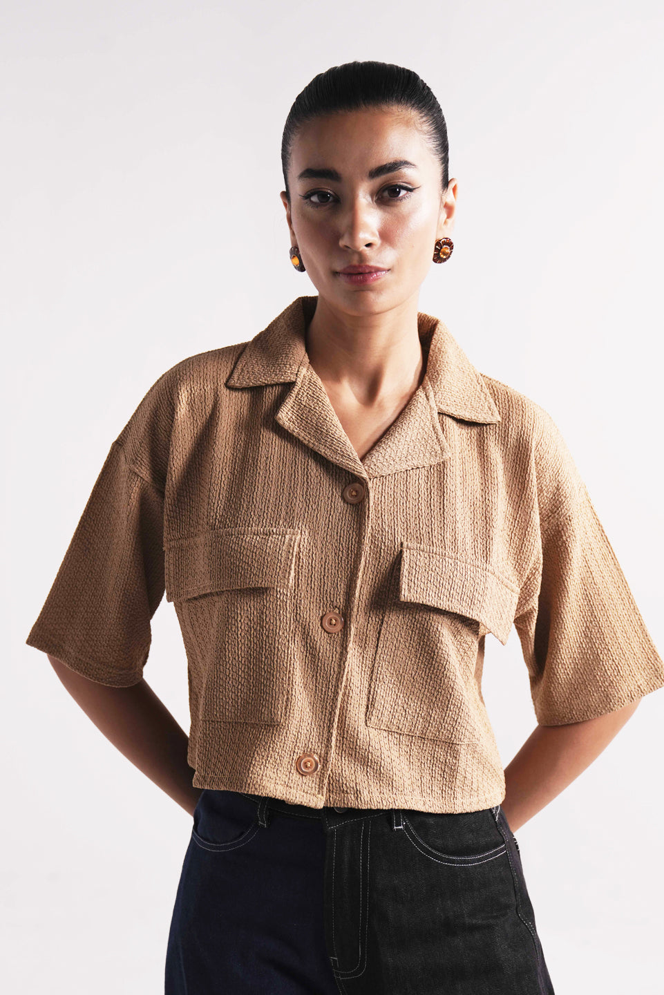 camel relaxed fit cropped shirt for women