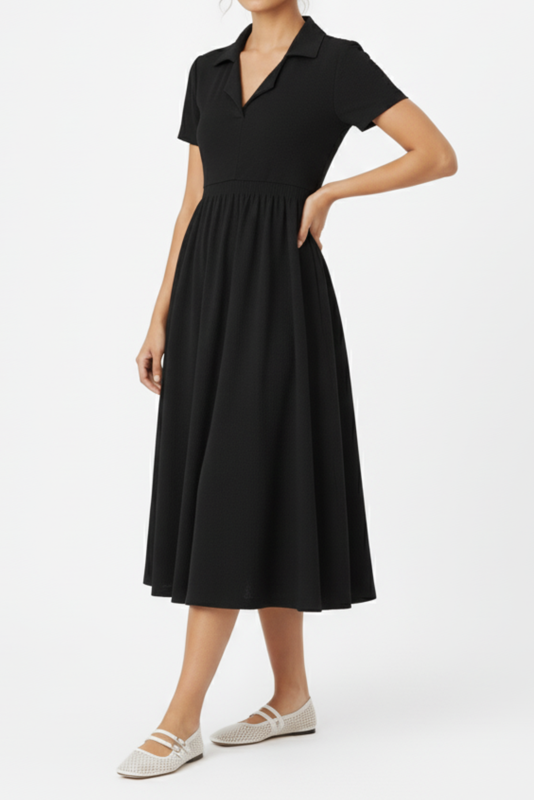 Black Smocked Midi Western Dress