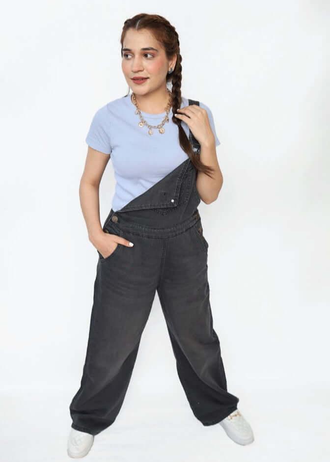 Women grey denim overall front full length modern fit