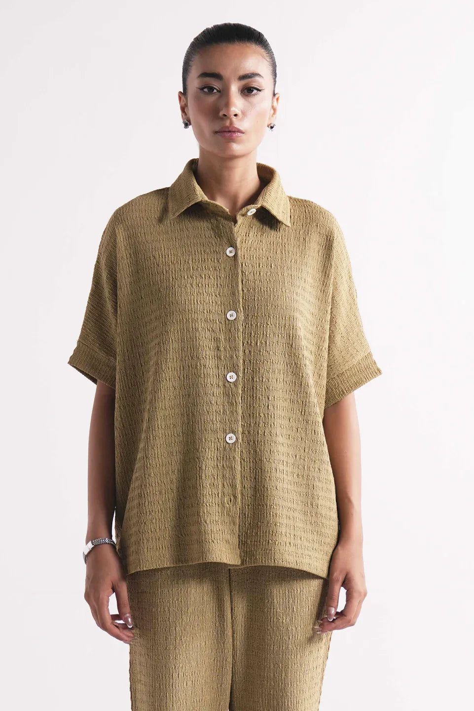 beige batwing sleeve button up shirt for women in pakistan