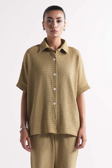 beige batwing sleeve button up shirt for women in pakistan